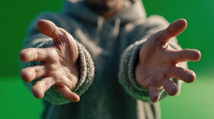 Hands reach out toward a distant object against a green screen background during a creative project in a studio space