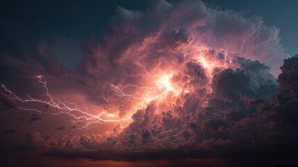 Dramatic display of lightning illuminating dark clouds during storm in evening sky