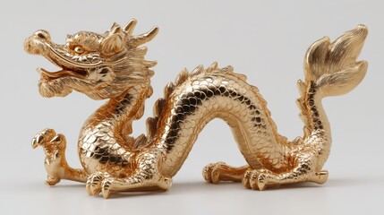 Fototapeta premium Elegant Chinese dragon figurine in gold on a pure white surface