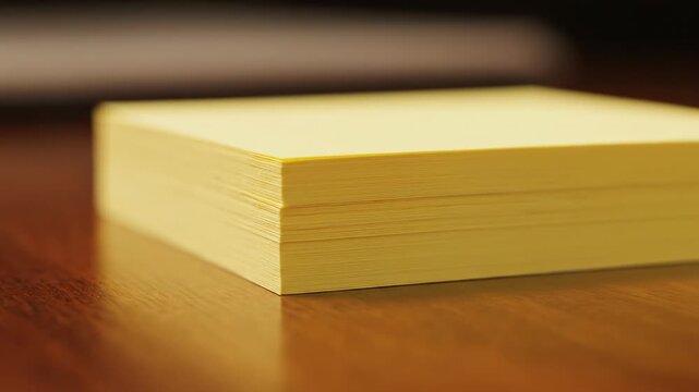 Sticky Notes Stack: A close-up shot captures a neat stack of vibrant sticky notes, inviting ideas and tasks, on a smooth wooden surface.