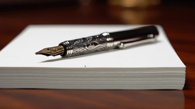 Classic Pen on Paper: An elegant fountain pen rests on a crisp pad of paper, exuding a sense of timeless sophistication and the enduring value of written communication. 