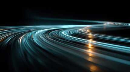 Glowing blue light trails move across a reflective surface creating dynamic patterns in a dark environment