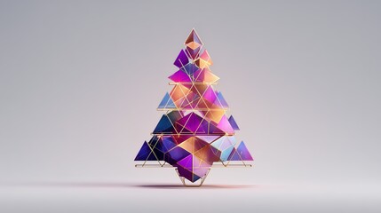 Abstract Christmas tree made from geometric shapes, minimalist design, neon or metallic colors, 3D render