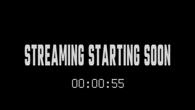 Streaming Starting Soon Glitch Text with 60 Seconds Countdown on Black Background