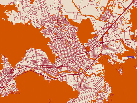 Urban map poster of Orizaba, Mexico &ndash; muted violet water and terracotta