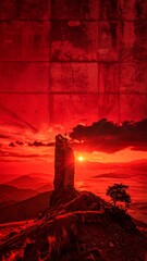 Fiery Sunset Over Towering Rock Formation in a Red Landscape.