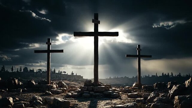 Three crosses on a rocky hill with cityscape in the background under a dramatic sky.