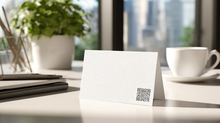 Elegant blank table card with qr code on sunlit office desk