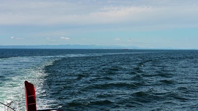 Experience the serenity of a cruise ship gliding across the vast ocean waves near Kunashir. Marvel at the beauty of the Kuril Islands as the sea breeze invites adventure.