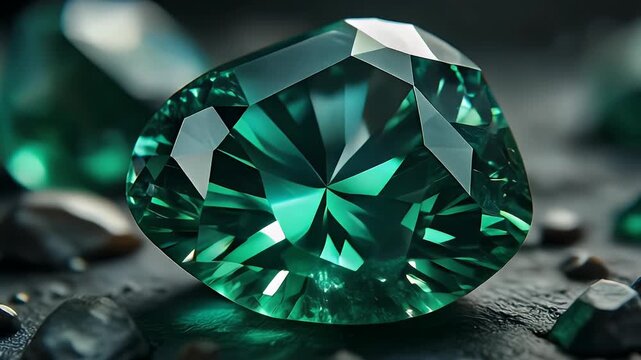 A close-up view of a stunning faceted emerald gemstone, showcasing its vibrant green color and intricate cuts on a dark, textured surface.
