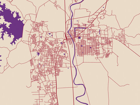 City map of Bago, Myanmar &ndash; terracotta and violet accents