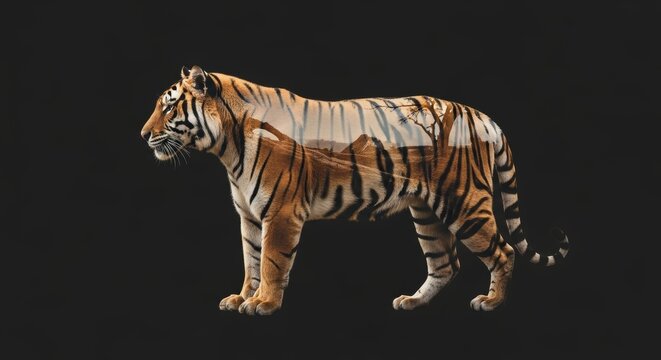 double exposure of a tiger with tiger habitat nature background, animal silhouette, animal photography, wilderness and conservation - Powered by Adobe