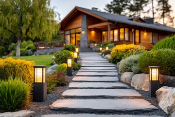 Obraz premium Modern home with illuminated garden path and landscape lighting