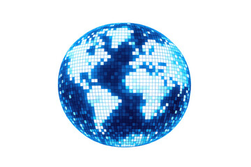 Glowing pixelated earth globe displaying world map continents, symbolizing global trends, technology, connection, and data visualization on transparent background