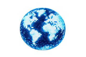 Glowing pixelated earth globe displaying world map continents, symbolizing global trends, technology, connection, and data visualization on transparent background