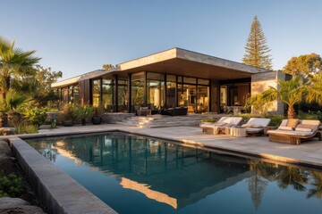 Fototapeta premium Modern house exterior with swimming pool, stone terrace and lush landscaped garden with sun loungers