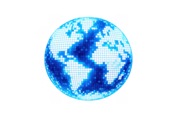 Blue glowing digital earth globe showing a pixelated world map, representing global data connectivity on transparent background