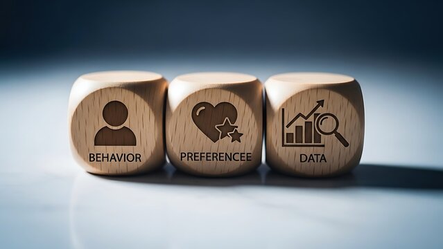 Three wooden blocks showing behavior preference and data analysis concepts