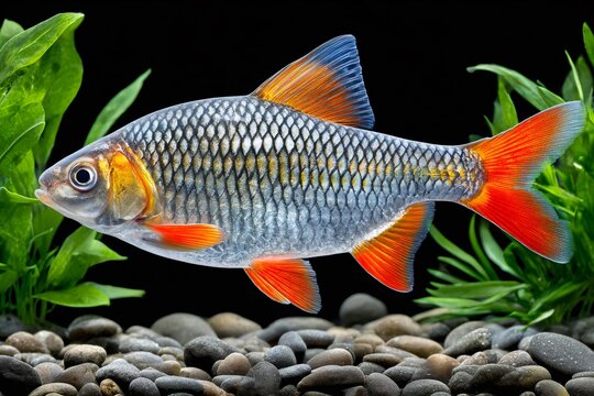 Freshwater red fin fish swimming in aquarium