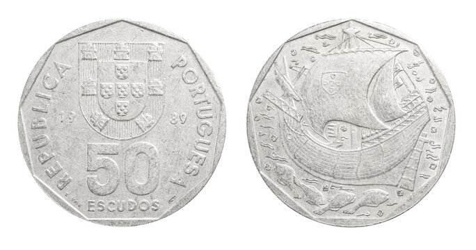 Vintage Portuguese 50 escudos coin from 1989 featuring the national coat of arms on one side and a historic sailing ship with maritime motifs on the other, isolated on white.