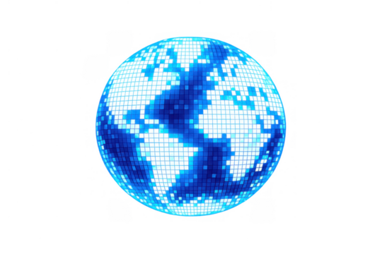 Blue glowing digital earth globe showing a pixelated world map, representing global data connectivity on transparent background - Powered by Adobe