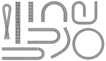 Railway Train Track Vector Route Set with Rail Lines, Subway Map Elements, Circular Curved Railroad Paths and Editable Track Icons for Game UI and Graphic Design © Raxzen