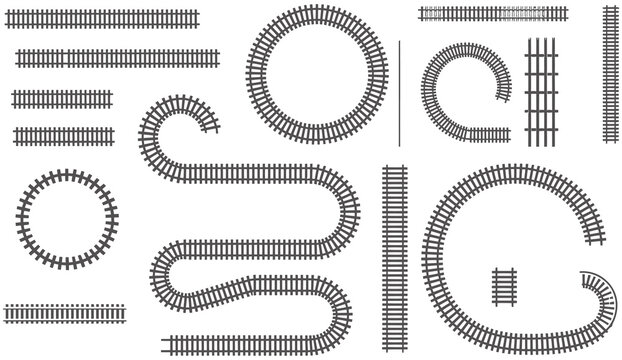 Railway Train Track Vector Route Set with Rail Lines, Subway Map Elements, Circular Curved Railroad Paths and Editable Track Icons for Game UI and Graphic Design