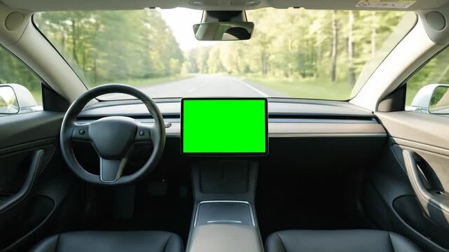 A car drives along a road while the driver seat is empty and a dashboard screen shows a green screen display. Concept of autonomous driving and automotive technology.