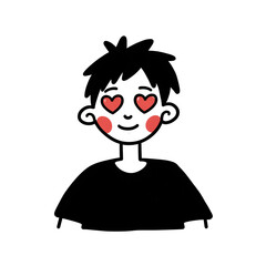 Cute boy with heart-shaped eyes, sketch, hand drawing.
