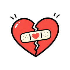 Hand drawn broken heart with bandage.