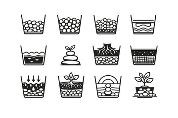 Layer logic vector stones plant gravel icon pot drainage gap separation
