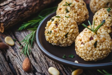 Homemade cheese balls with herbs and pine nuts served on rustic wooden surface. Concept: natural snack, artisan flavor, minimalism.