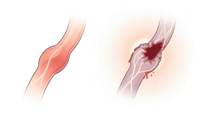 Comparison graphic featuring sidebyside unruptured and ruptured aneurysms delicate color transitions restrained iconography emphasizing structural differences with halo warning