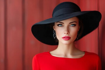 Elegant woman wearing wide brimmed black hat and red dress