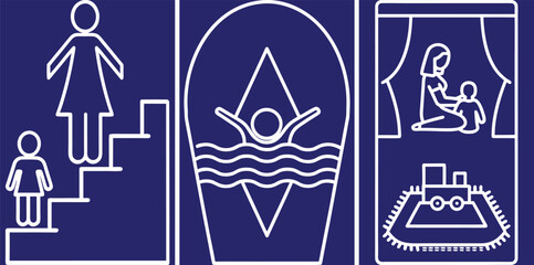 Safety Pictograms Set Featuring Staircase, Swimming, And Childcare Icons For Public Facilities