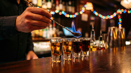 A bartender prepares a shot drink by lighting it on fire at a busy bar. during the lively evening hours