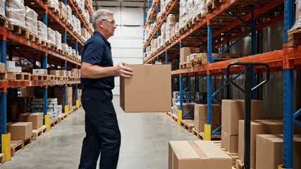 A senior male worker unloads cardboard boxes from a pallet truck in a warehouse. He moves boxes carefully and places them neatly on the floor - Powered by Adobe