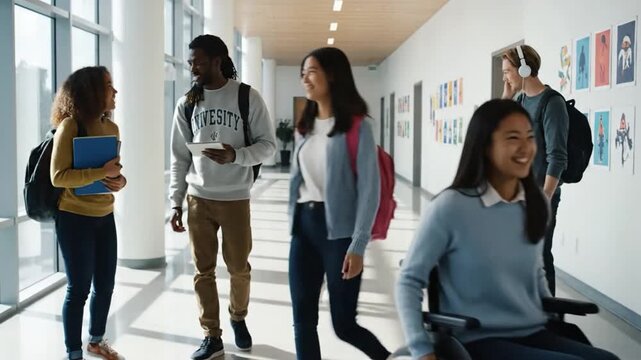Teen students walk down the school hallway engaging with each other. A girl in a wheelchair smiles as her friends share their books and laughs