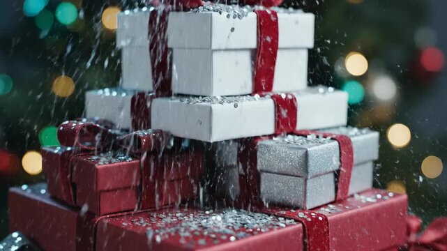 Gift Pyramid with Sparkling Dust: A festive assortment of beautifully wrapped gift boxes, stacked in a pyramid arrangement and adorned with elegant ribbons, is showered with glittering dust.