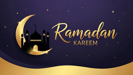 A stylized Ramadan greeting, featuring a golden crescent and mosque silhouette on dark blue