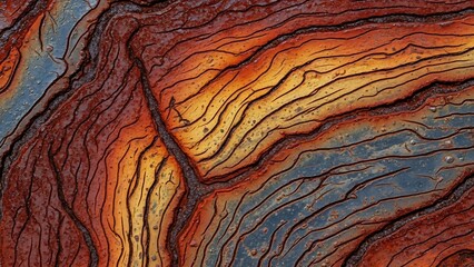 Aerial view of layered geological formation with vibrant colors and winding patterns