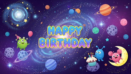 Colorful outer space themed birthday card with cartoon planets, creatures, and text