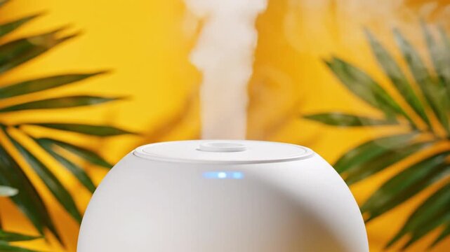 A white essential oil diffuser emitting a gentle mist against a vibrant yellow background with lush green leaves creating a serene atmosphere