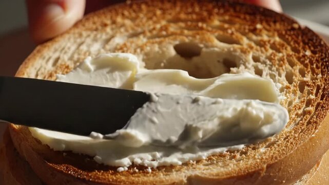 A warm, inviting scene unfolds as a knife glides smoothly over golden toasted bread, spreading creamy cheese thoughtfully. Each stroke reveals texture and depth, drawing in the viewer's senses.