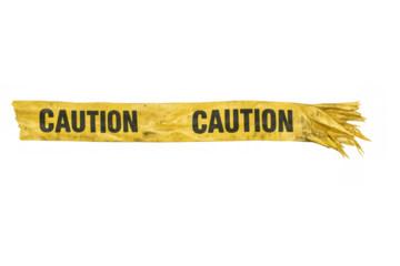 Yellow caution tape with caution text indicating a restricted area, danger, or warning, featuring a torn end. Transparent background