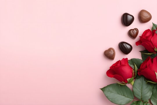 Roses and chocolates arranged on a soft pink background for St. Valentines Day celebrations