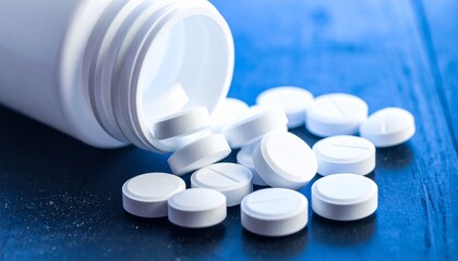 Tablets spilled from a medicine bottle on a light blue clinical background with selective focus, representing healthcare, medication, and medical treatment.