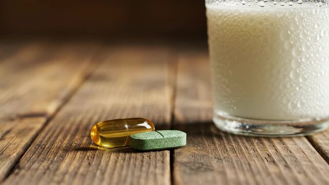 A gentle hand carefully places a vibrant green tablet next to a frothy glass of cold milk on a warm, rustic wooden surface, illuminated by soft natural light.