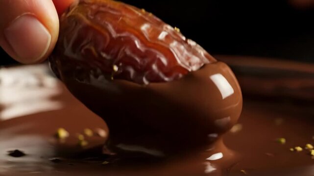 Close-up of a hand dipping a fresh Medjool date into smooth melted chocolate. Ideal for Ramadan Iftar recipes, gourmet dessert marketing, healthy snack blogs, and artisanal confectionery ads.