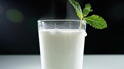 A tall glass filled with a creamy white liquid sits on a clean surface, steam spiraling upwards. Fresh mint leaves adorn the drink, adding a touch of nature's elegance and freshness.